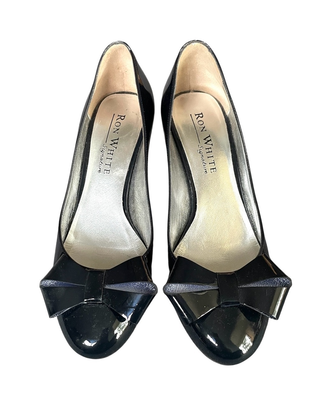 RON WHITE Dark Blue Patent Leather Bow Toe Pumps 37.5
